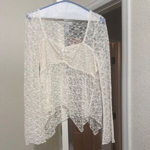 Women's Cream Lace Overlay Long-Sleeve Top